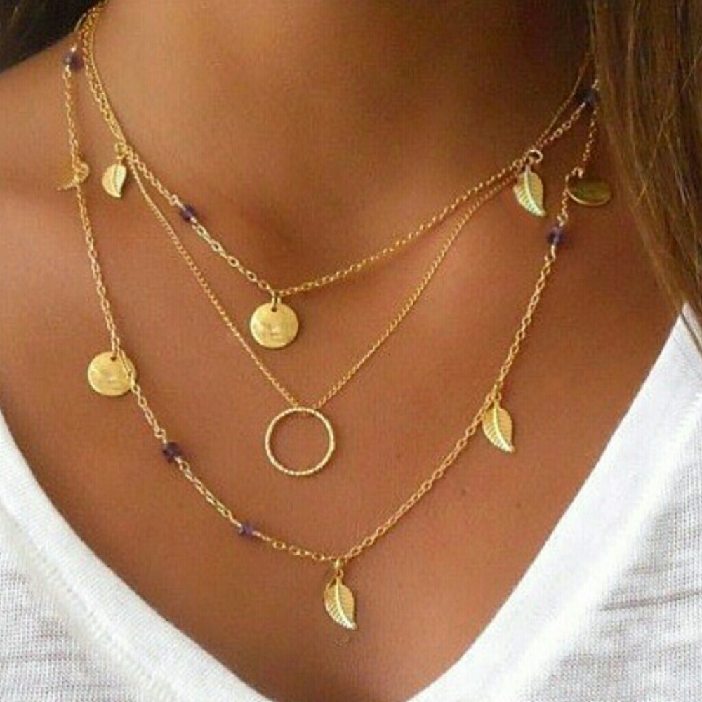 Triple Layer Gold Tone Boho Necklace Purple Beads Hammered Discs Circle Pendant